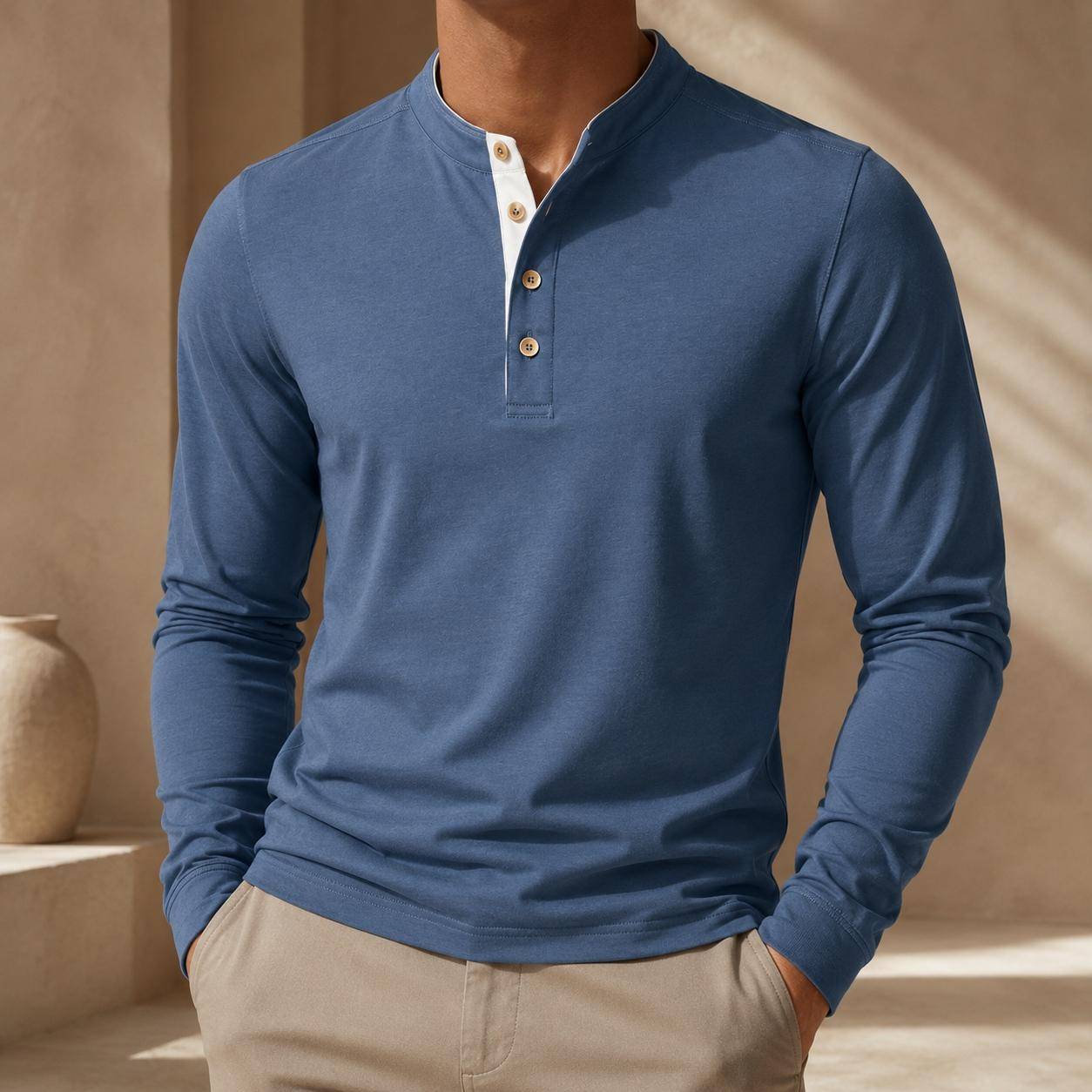 AIOPESON Premium 100% Bomull Herr Henleykrage Knappar T-shirt Enfärgad Långärmad Basic Ny Höst cm white