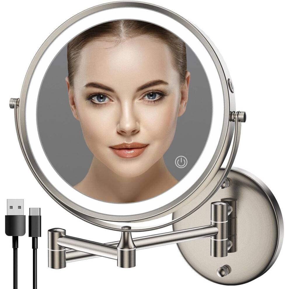 360 roterende vægmonteret oplyst makeupspejl, genopladeligt -sidet forstørrelsesspejl 1x10x med 3 farver LED-lys berøringsdæmpbar forlængelig