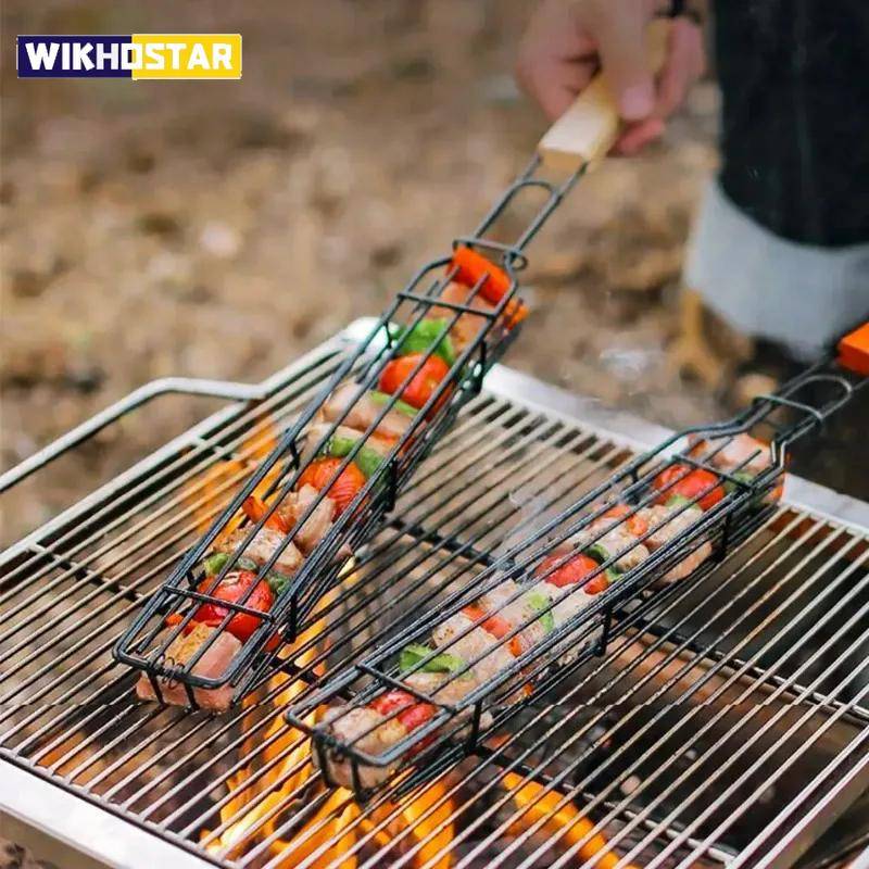 BBQ Spettkorg Trähandtag Grillbur Utomhuscamping Grillnät Fyrkantigt Kött- och Grönsaksgrillrör Grillverktyg