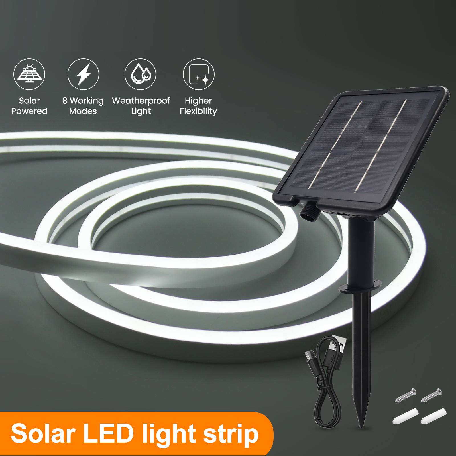 Solar Powered Neon Strip DC 24V IP67 Waterproof Warm/Cold White Flexible Ribbon Rope LED Light Outdoor Garden Decor Lamp