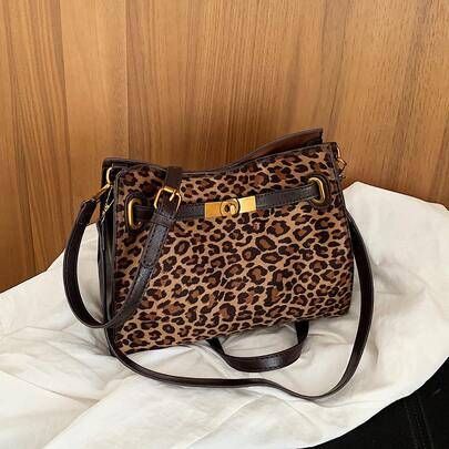 NEVVA 1 st vardaglig shoppingväska för höst/vinter med leopardmönster, kvadratisk axelväska i exklusivt PU-läder, mångsidig pendlarväska, casual cross - Multifärgad