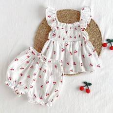 Babyflicka Jordgubbsmönster Fyrkantig Krage Volang Ärmlös Topp Och Mamelucker 2 Delat Set - Multifärgad (6-9M,9-12M,12-18M,18-24M,2-3Y)