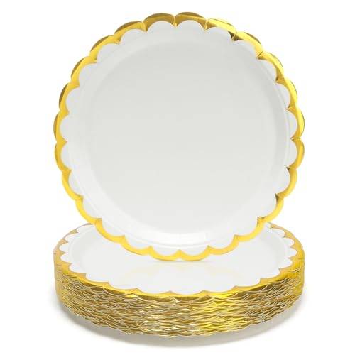 PARTY GO 50 st vita papperstallrikar 23 cm (9in) guldfolie vågkantade festtallrikar set för middag och efterrätt, perfekt för födelsedagsfester, helgdagar, bröllop, examensdekorationer