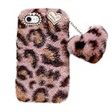 Uposao Kompatibel med iPhone 8/iPhone 7 mobiltelefonfodral fluffig söt leopard plysch mobiltelefonfodral vinter varmt skyddsfodral med kristall strass kärlek hjärta hänge för kvinnor flickor, rosa