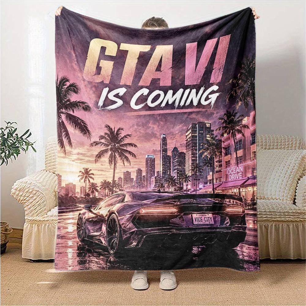 GTA 6 Tema Tryckt Filt - Perfekt för Soffa, Säng, Resa & Utomhusbruk | Maskintvättbar, Mysig & Hållbar.