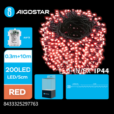 Rød lyskæde på batteri, 10 meter, 200 LED, 3 års garanti, mørkegrøn ledning