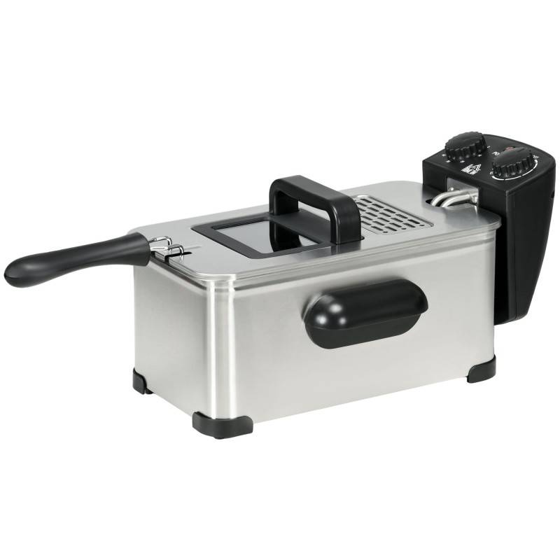 HOMCOM 3 Liters rustfri stegefriteuse med justerbar temperatur, 60min timer, kiggevindue og sikkerhedsudløsning, 2000W