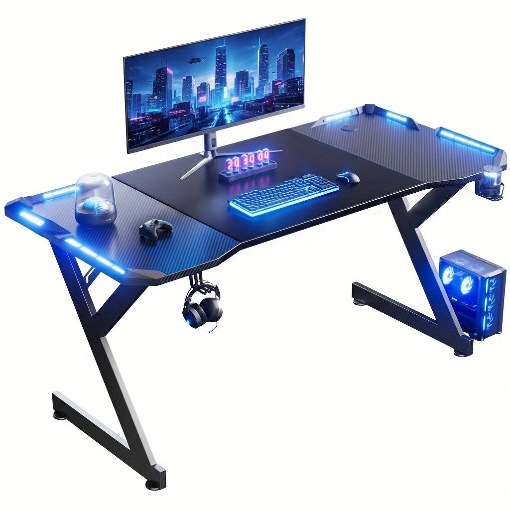 Y-Shaped Gaming Desk with RGB LED Lights Carbon Fiber Surface Computer Table Ergonomic Computer Desk - Black / 140cm×60cm×74cm