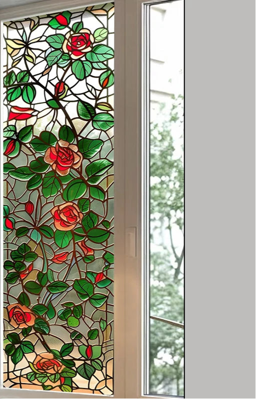 Fönsterfilm med vackra rosor i blyinfattat glas - A / 50x120 cm