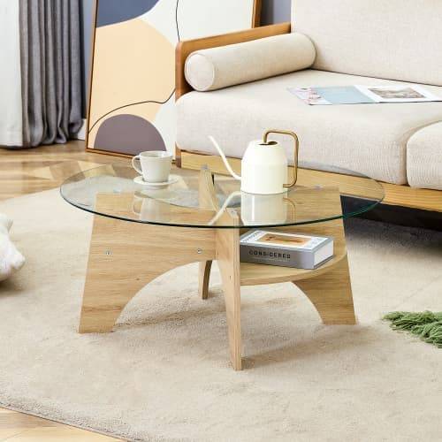 Modern rund glassoffbord – Ø 80 cm med transparent skiva, multifunktionell design, fackliknande ram och MDF-bordben i naturträfinish