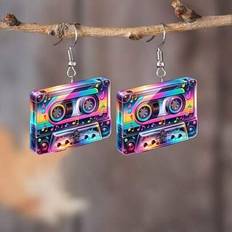 1 par färgglada örhängen i akryl med gitarr och kassettband - retro hiphop-stil i 2D-design, lämpliga för musikfestivaler och fester, perfekt present - Multifärgad (En-Storlek)