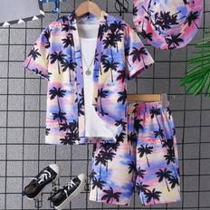 Tween Boy Coconut Tree & Beach Tryckt Casual 3st/set med hatt, sommar - Mauve Lila (8Y,9Y,10Y,11Y,12Y)