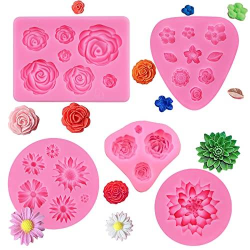 Xingrun 5 st blomformar silikon fondant blomformar choklad ros 3D blomma glasyr formar form tusensköna form för vax smälter kaka lera dekoration bakning tvål godis gelé socker hantverk, GHHW136