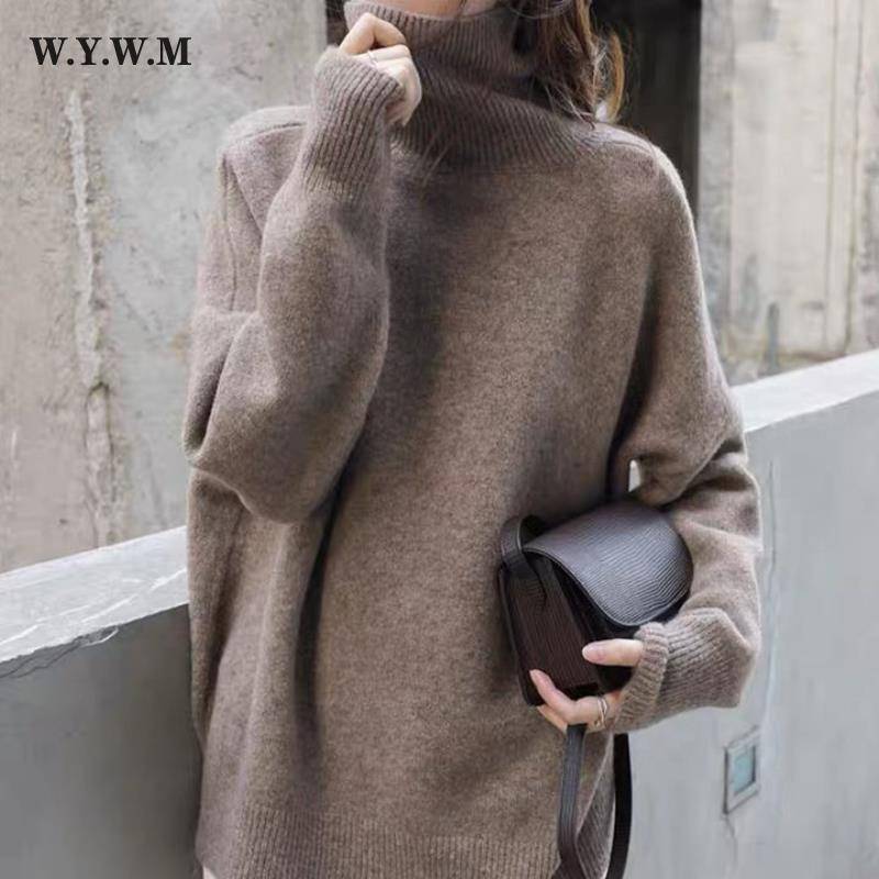 WYWM Cashmere Thicken Solid Stickad Tröja Dam Enkel Casual Turtleneck Pullover Dam Vinter Lös Varm All-match Jumper cm brun