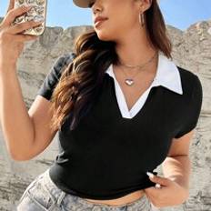 Women's Plus Size Short Sleeve Polo Collar V-Neck Slim Fit Knitted T-Shirt, Suitable For Summer, Autumn, Back To School, Outdoor Sports, Indoor Leisure, Business And Daily Wear, Color-Block Design With High Elasticity