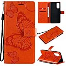 Samsung Galaxy S20 FE 5G fodral, Saturcase fjäril prägling PU-läder flip magnet plånbok stativ kortplatser hand rem skyddande fodral för Samsung Galaxy S20 FE 5G (orange)