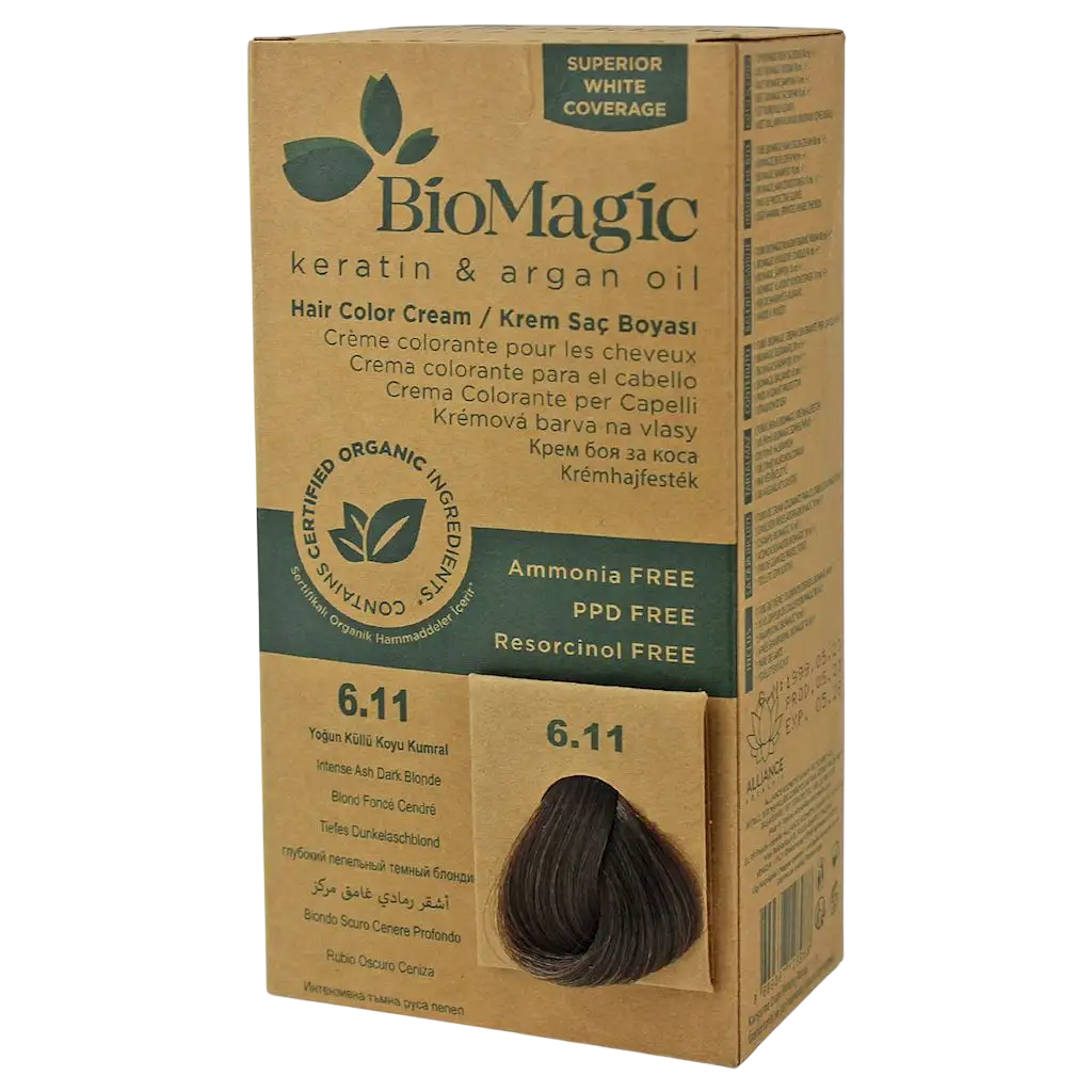 Biomagic Keratin & Argan Oil permanent hårfarve 6.11 Intens askemørkblond 250 ml tester