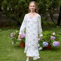 Girl's Retro Floral Lace Trim Collar Splice Långärmad Lång Nattlinne Loungewear - Multifärgad (8Y,9Y,10Y,11Y,12Y)