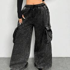 Plus Size Wide-Legged Solid Color Cargo Trousers With Pockets - Dark Grey - 0XL,1XL,2XL,3XL,4XL,5XL