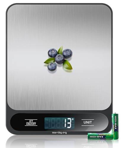 10 kg och rostfritt stål: digitala köksvågar, elektroniska matvågar med tara-funktion, hög precision 1 g/0.1 oz, lätta att rengöra, batterier ingår