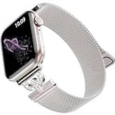 LanQii Metallrem kompatibel med Apple Watch Ultra/Ultra 2 49mm/iWatch 49/45/44/42 mm, magnetiskt rostfritt stål nät ersättningsarmband för iWatch SE/SE 2/Series 9/8/7/6/5/4/3/2/1 -Starlight