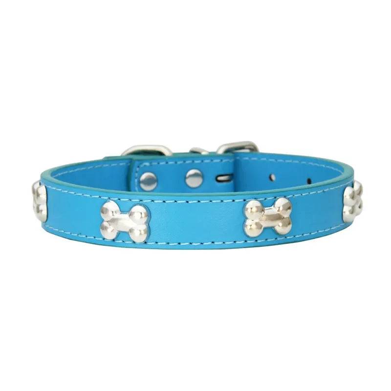 Durable Leather Dog Collar with Bone Design for Small to Large Dogs - Blue / L