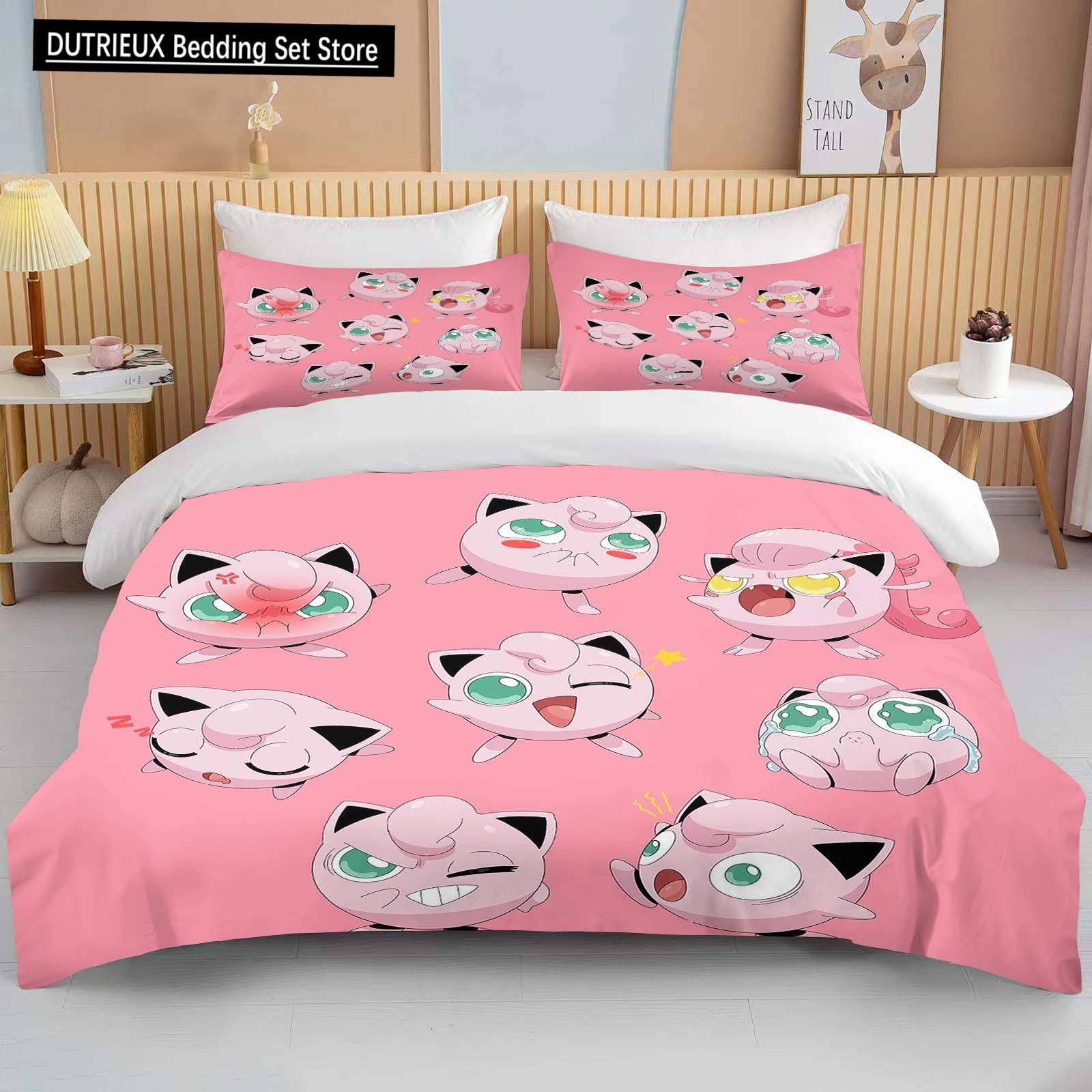 10 Storlekar Pokemon Jigglypuff Tryck Rosa Sängkläder Set Påslakan 1 Påslakan 2 Örngott Vuxen och Barn Sängkläder Set Lyx EU Double(200x200cm)
