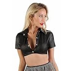 MISS NOIR Wetlook sexig kort topp med korta ärmar crop top skjortkrage klubbkläder, Svart (20766-bk), M