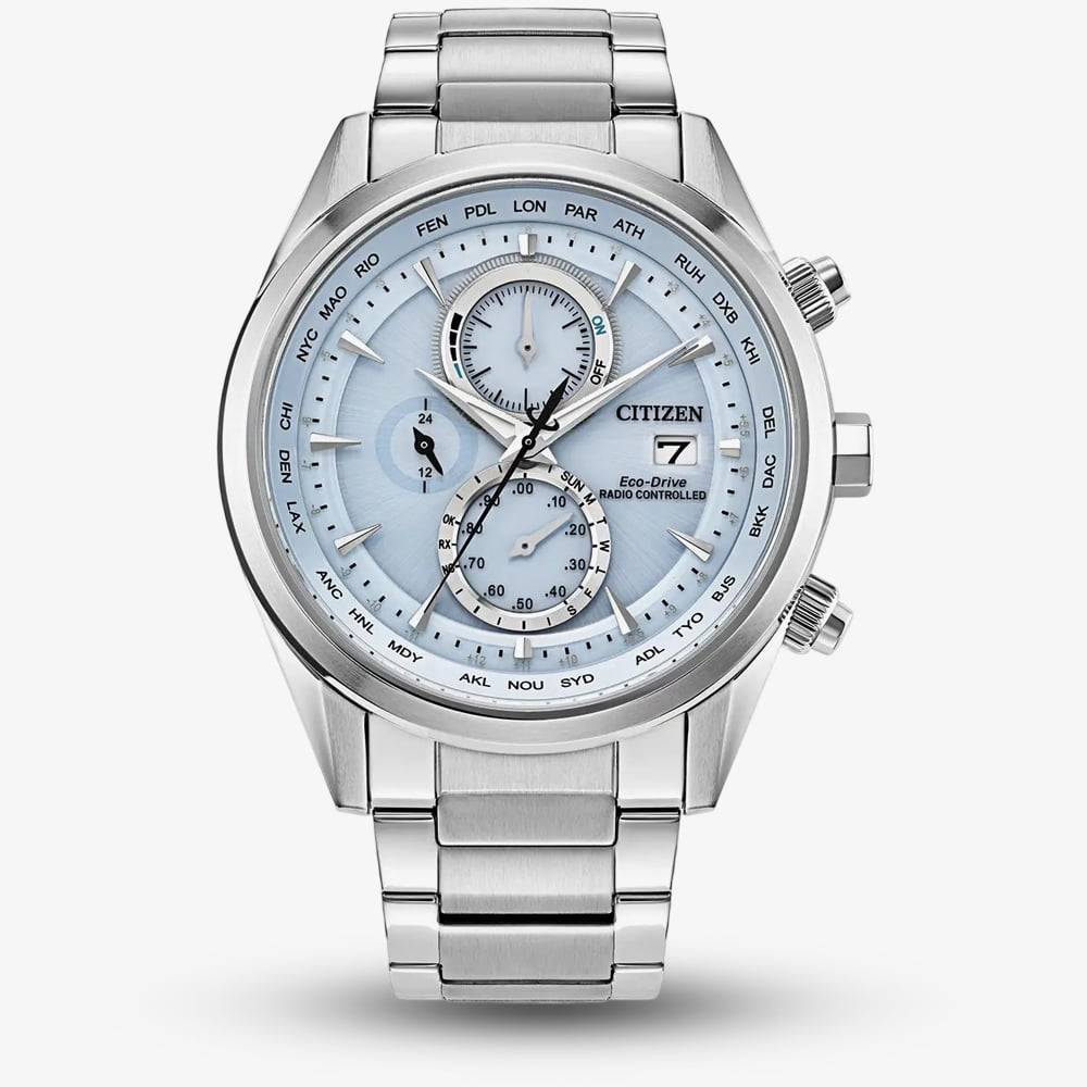 Citizen Mens World Chronograph Silver Tone Blue Dial Watch AT8260-51M