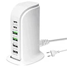 Flera USB-laddare, 65 W snabb USB C-laddare med PD 20 W och QC3.0, multi-port USB-laddningsstation, 6 portar laddningsstation kompatibel med iPhone/Samsung/Xiaomi och andra USB-enheter (vit)