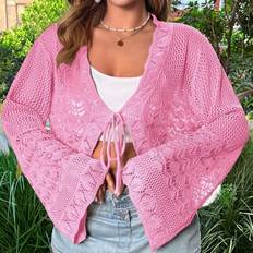 Plus Size Enfärgad fashionabel knytbowknot Shell Edge Cropped Poncho virkad cardigan med utsvängda ärmar - Rosa (0XL,1XL,2XL,3XL)