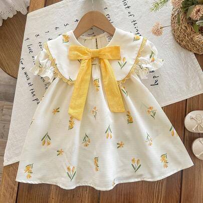 Babyflicka söt sommar blommönster gul fluga kortärmad klänning (6-9M,9-12M,12-18M,18-24M,2-3Y,3-6M)