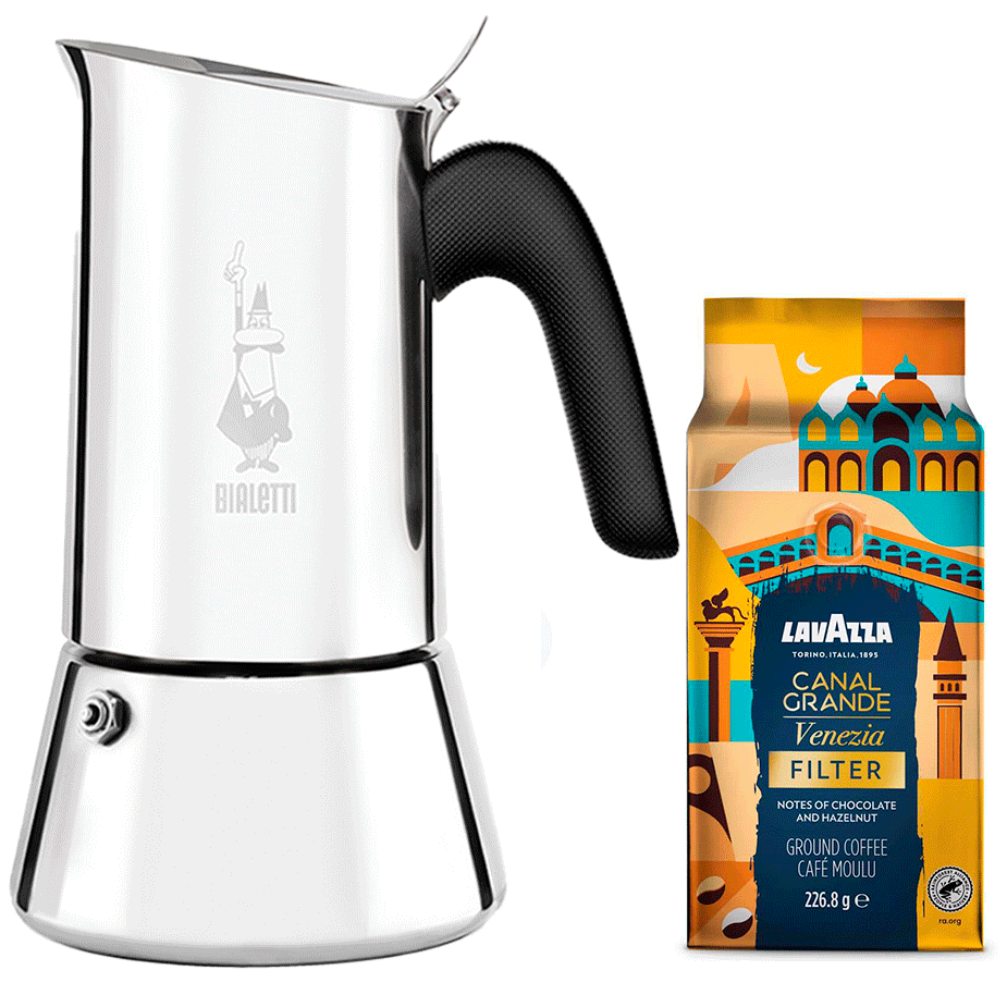 Bialetti Venus Elegance 10-kopps espressokanna i stål inkl. Lavazza Tales of Italy Canal Grande 226,8 g malet kaffe