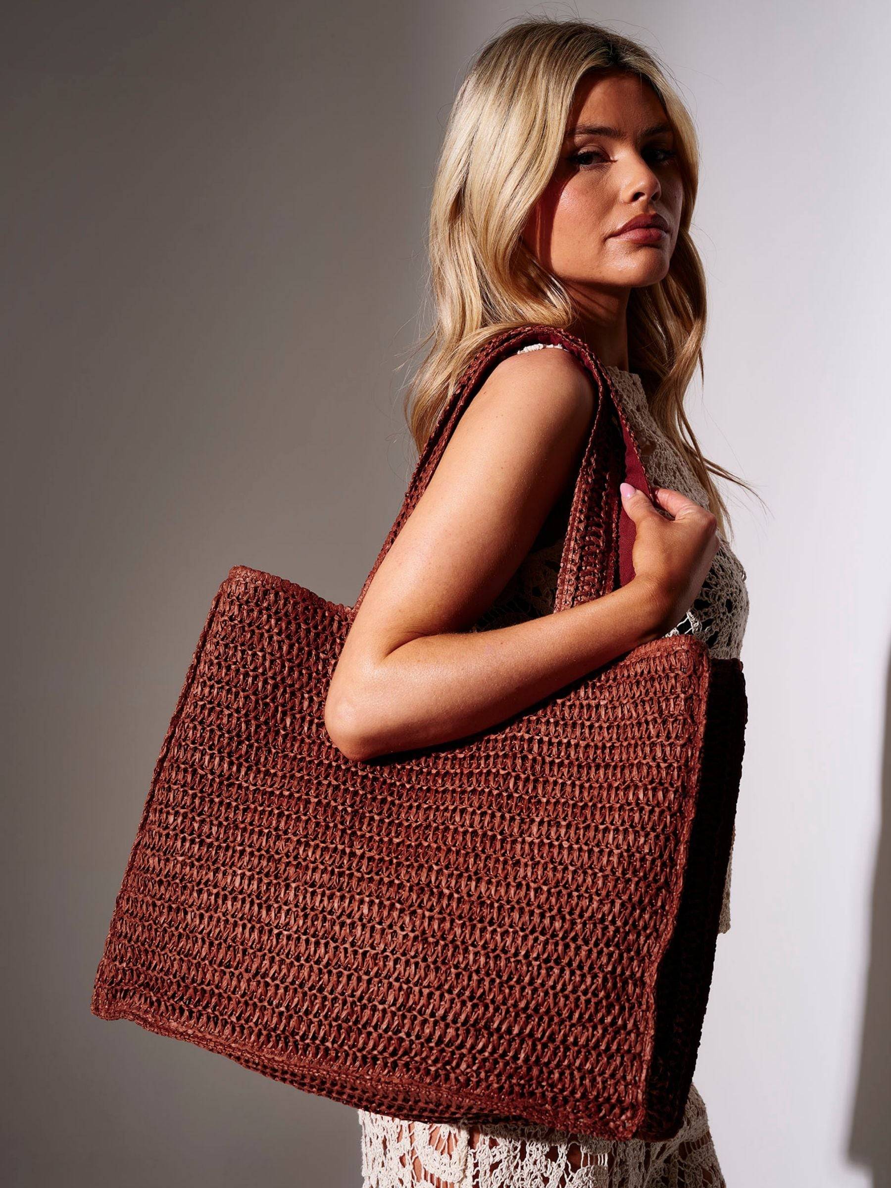 South Beach South Beach Red Straw Woven Shoulder Beach Bag