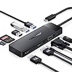 Lemorele 10-i-1 USB C-dockningsstation dubbel skärm, USB C Dock Laptop Dock USB C Hub Multiport Adapter Trippelskärm till 2 HDMI 4K, VGA, 3 USB 3.0/2.0, PD, SD/TF, 3,5 mm för Lenovo, Surface,