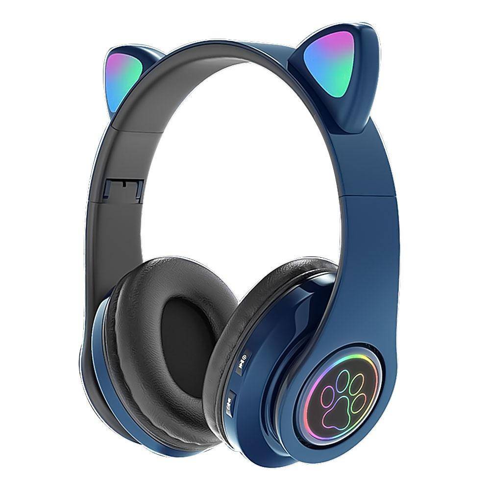 Bluetooth 5.0 hörlurar med mikrofon Söt kattöra Trådlöst/trådlöst hopfällbart hörlurar bas RGB andningsljus för pojkar/flickor Without box blå