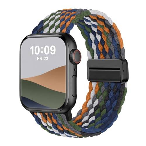 Geflochtenes Armband Kompatibel mit Apple Watch Armband 40mm 41mm 42mm 38mm,Elastisch Stoff Sport Nylon Armbänder mit Magnet Verschluss für iWatch SE 3 Series 11 10 9 8 7 6 5 4 3 2 1, Denim