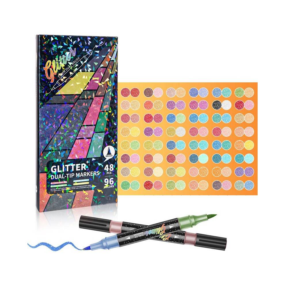 Glitter Effect Brush Markers for Doodle Writing, Dual Tip Dual Color Shimmer 96 Colors