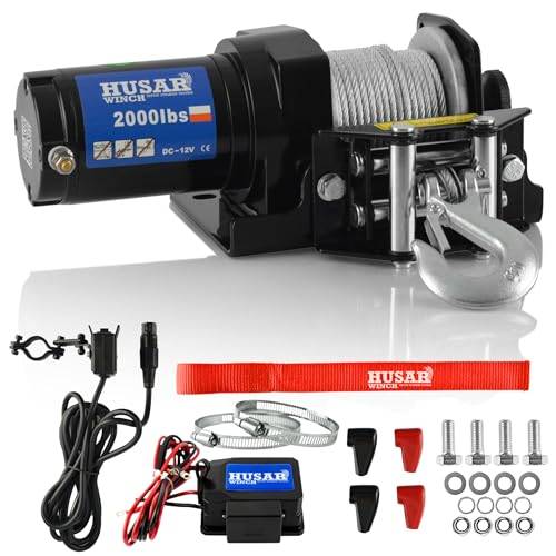 Husar Winch elektrisk vinsch 12V 2000 lbs | 907 kg – Slitstark Stålrep 15 meter, Trådbunden Fjärrkontroll, Automatisk Broms, Monteringssats – Ideal För Quads Och ATV/UTV/OFF ROAD