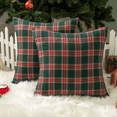 1 st premium dekorativt kuddfodral för jul och halloween, rutigt, lyxig sammet, mjuk plysch, nordisk broderad chenille, röd skotsk tartan, farmhouse h - Grön Röd Pläd (40*40,45*45,30*50,50*50)