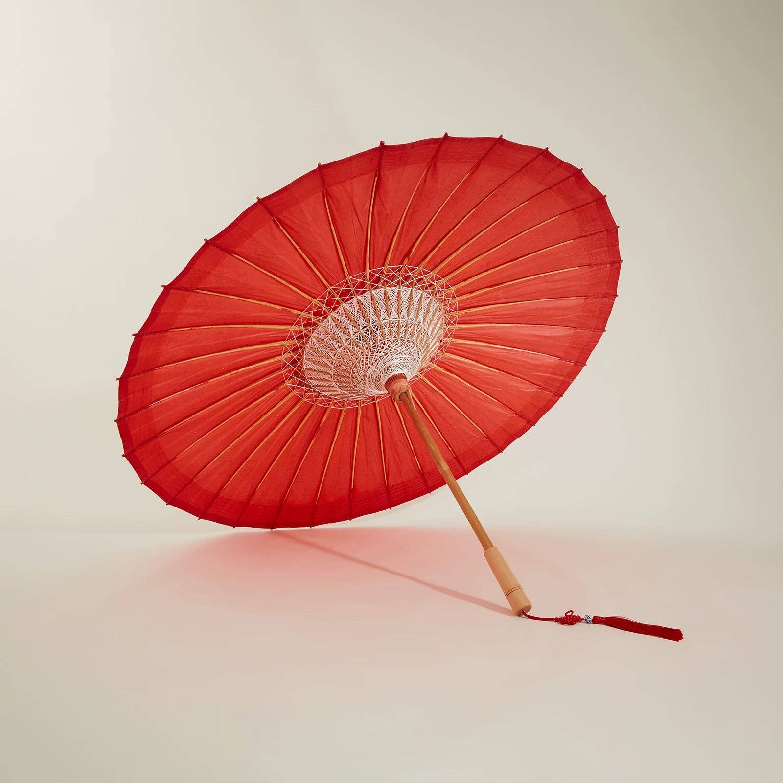 Chinese Traditional Oil Paper Umbrella | Handcrafted Wedding Parasol – Pure Red, Crane & Double Happiness Designs - Pure red umbrella [odorless rainproof] umbrella bag + tassel / 100cm / Full of yarn