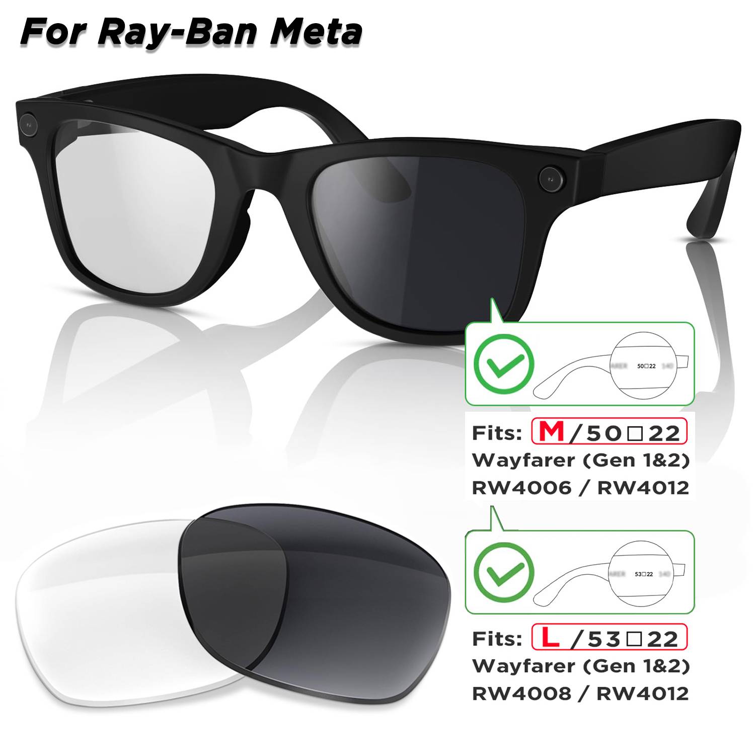 Photochromic & Polarized Replacement Lenses For Ray-Ban Meta Wayfarer RW4006 / RW4008 / RW4012 Gen1/2 AI Smart Glasses Lens