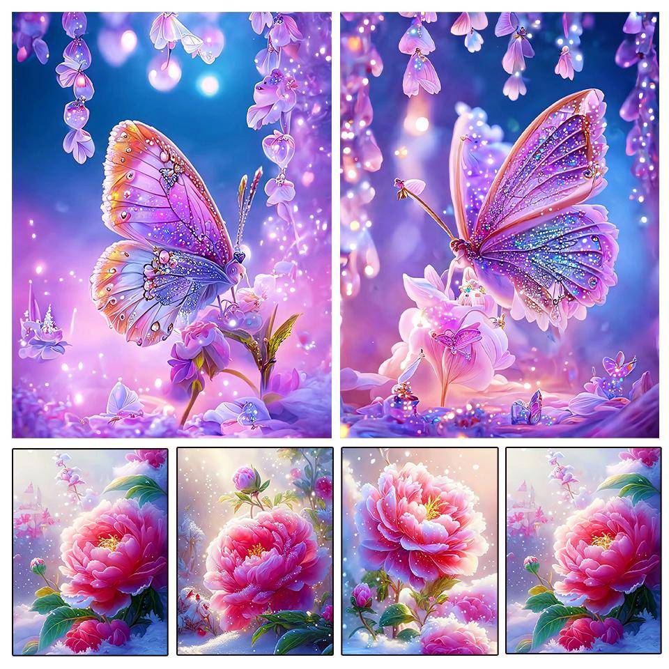 Diamantkorsstygn Målade Blommande Pionblommor fjäril rosa lila blommor 5D DIY Diamantbroderi Strassmålning