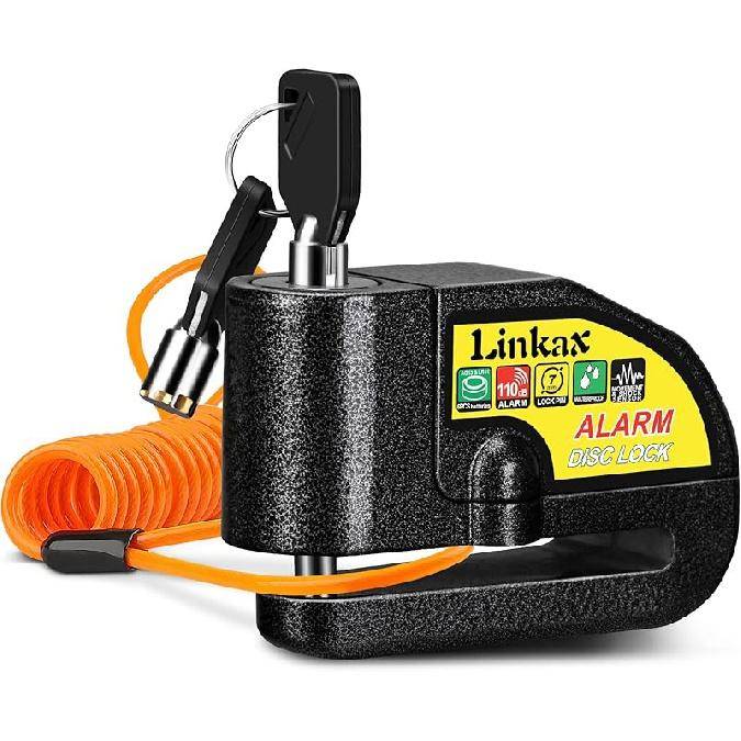 Linkax Motorcykel Larm Skivbromslås, Accesorios Para Motos, Motorcykellås Stöldskydd Säkerhet Hjulås 110dB 7mm Stift med Påminnelsekabel och svart