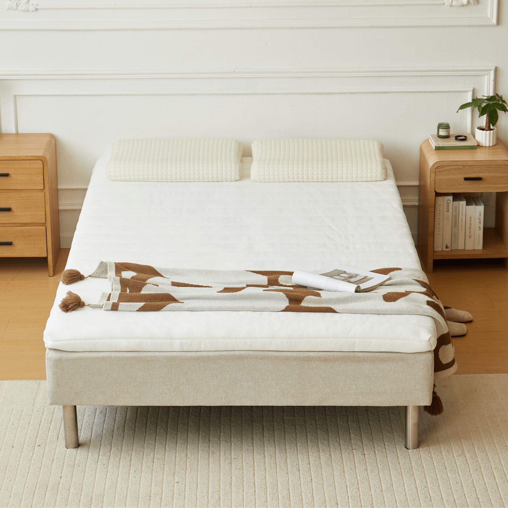 Premium boxmadras seng i beige 140x200 cm med 7 cm topmadras i memoryskum ekskl. ben