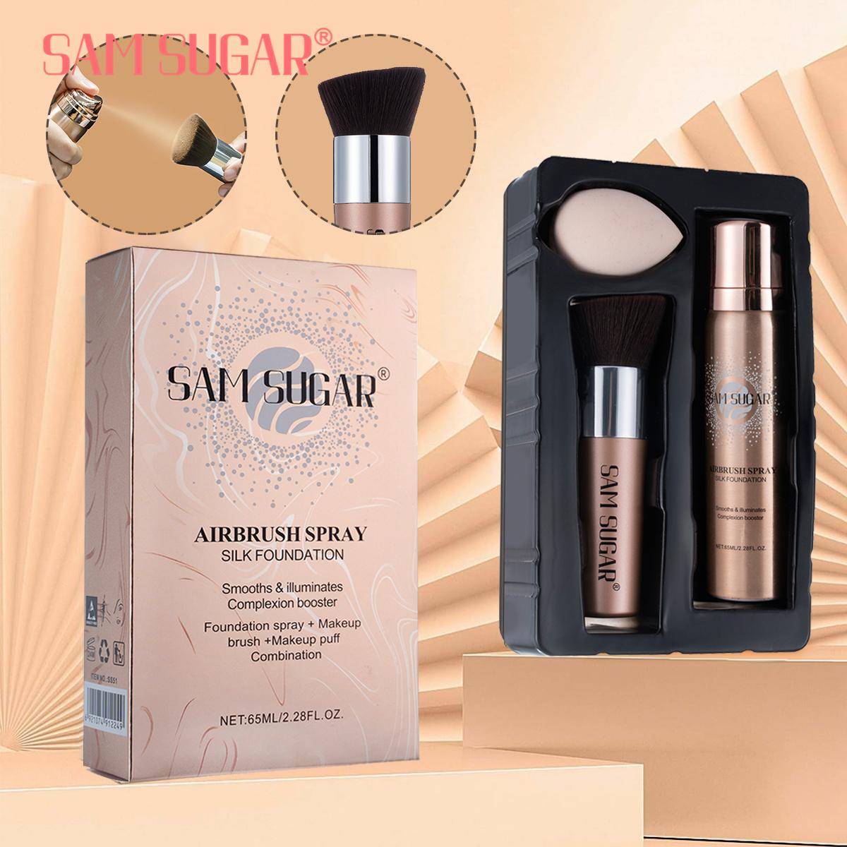 SAM SUGAR Airbrush Spray Silk Foundation Set Flytande Foundation Spray med Sminkborste och Sminksvamp Långvarigt Vattentätt Ansiktsmakeup Kit