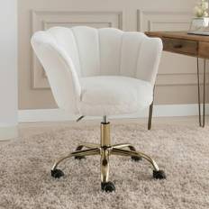 chairus Homeoffice stol, snurrstol av fuskpäls skrivbordsstol höjdjusterbar kontorsstol med blombladsryggstöd, guldpläterad bas fåtölj för sovrum/toalettbord, vit