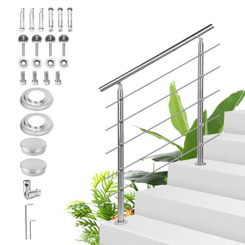 Sonnewelt Ledstång i rostfritt stål – trappräcke 150 cm med 5 tvärstänger för inomhus- och utomhusbruk, högkvalitativt entréräcke för balkong, trappor och räcke