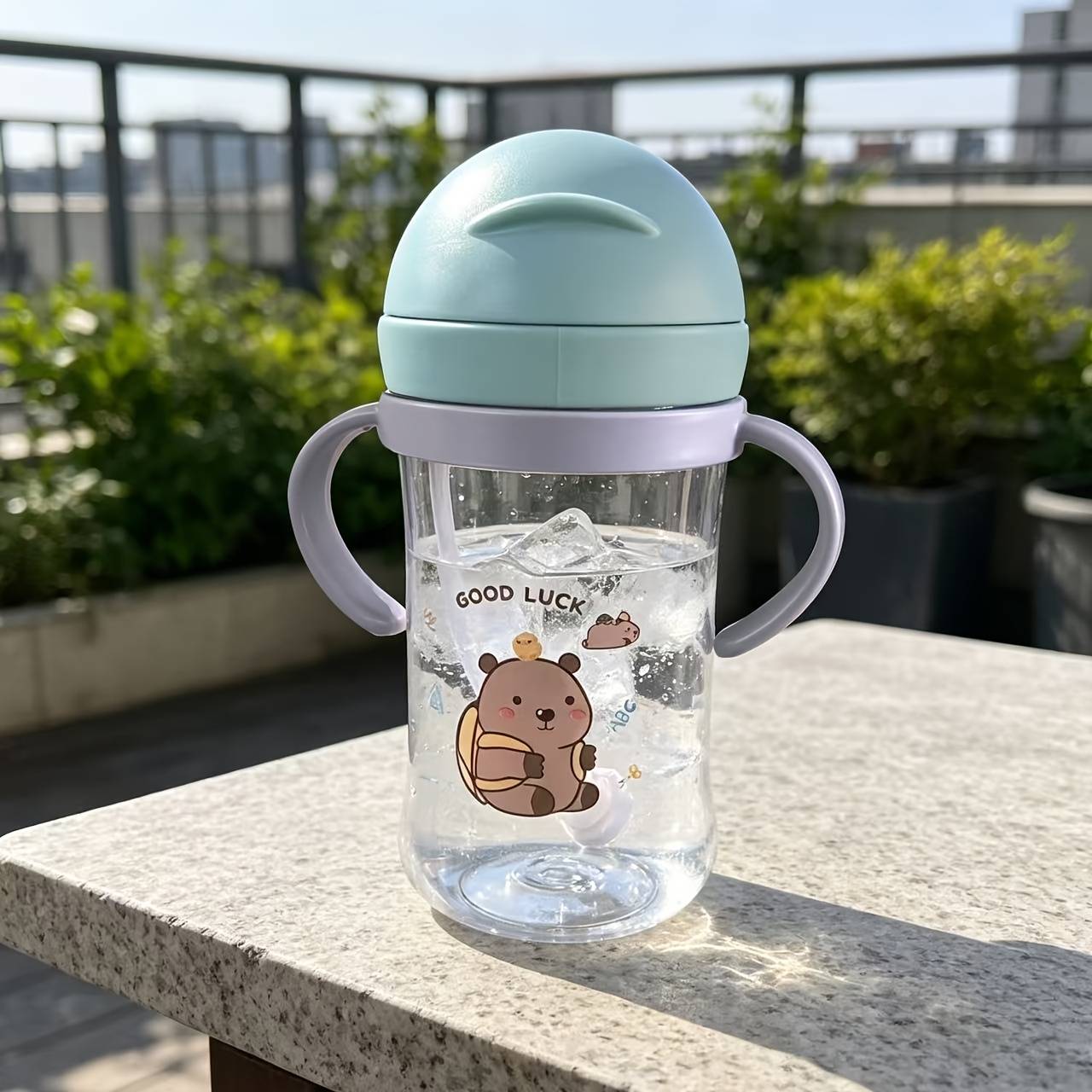 350ml Cute Pattern Straw Tumbler With Dual Handles, Easy To Grip, Soft Silicone Straw With For Convenient Drinking, Lid, Dust-proof And Stain-resistant
