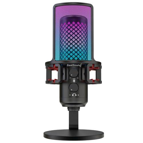 ZealSound Gaming Mikrofon RBG USB Mikrofon Kondensator Mikrofon Plug&Play Adapter ingår Streaming Podcast Mute Touch Gain Control Shock Mount Kompatibel med telefon/Windows/Mac/PS4&5